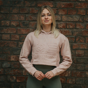 Flag Embossed Crop Hoodie in Dusky Pink