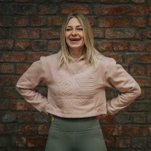 Flag Embossed Crop Hoodie in Dusky Pink