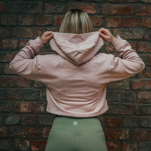 Flag Embossed Crop Hoodie in Dusky Pink